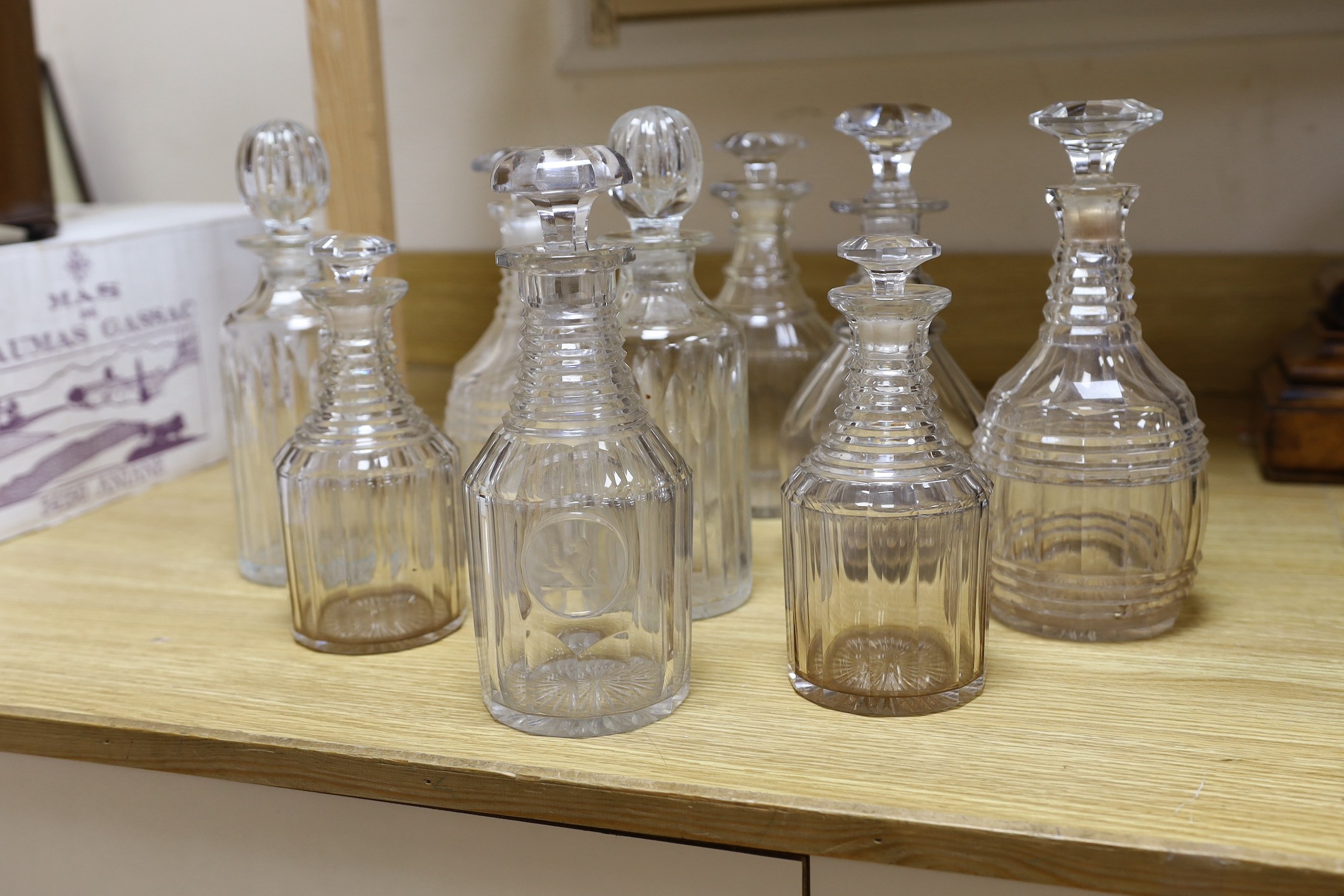 Three pairs of 19th century cut glass decanters and 3 single cut glass decanters